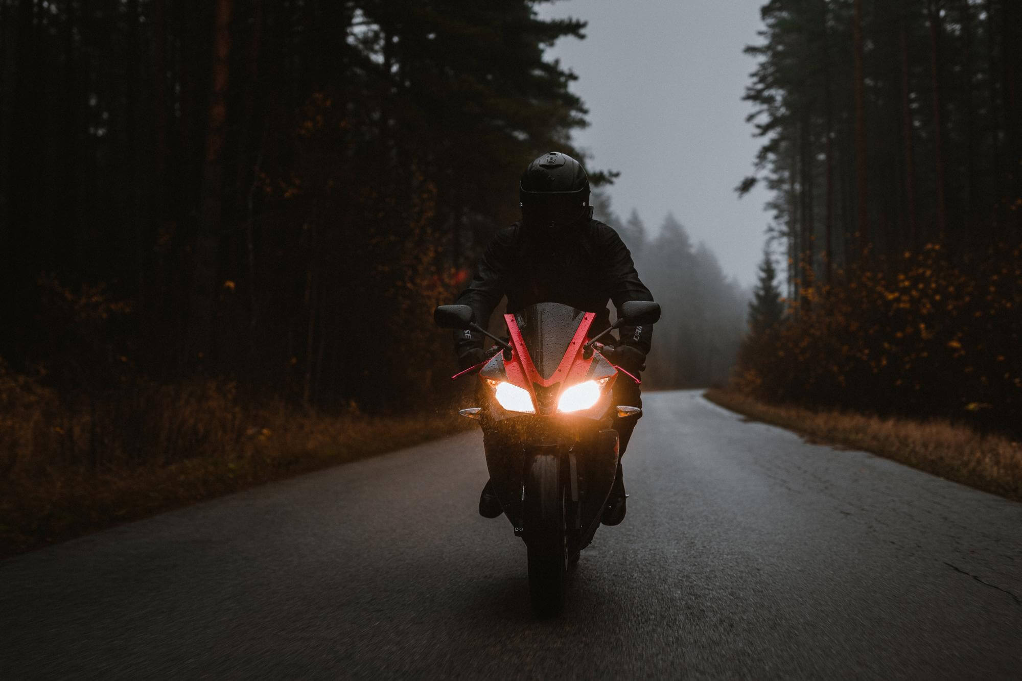 Motorcycle driving towards camera in autumn forest